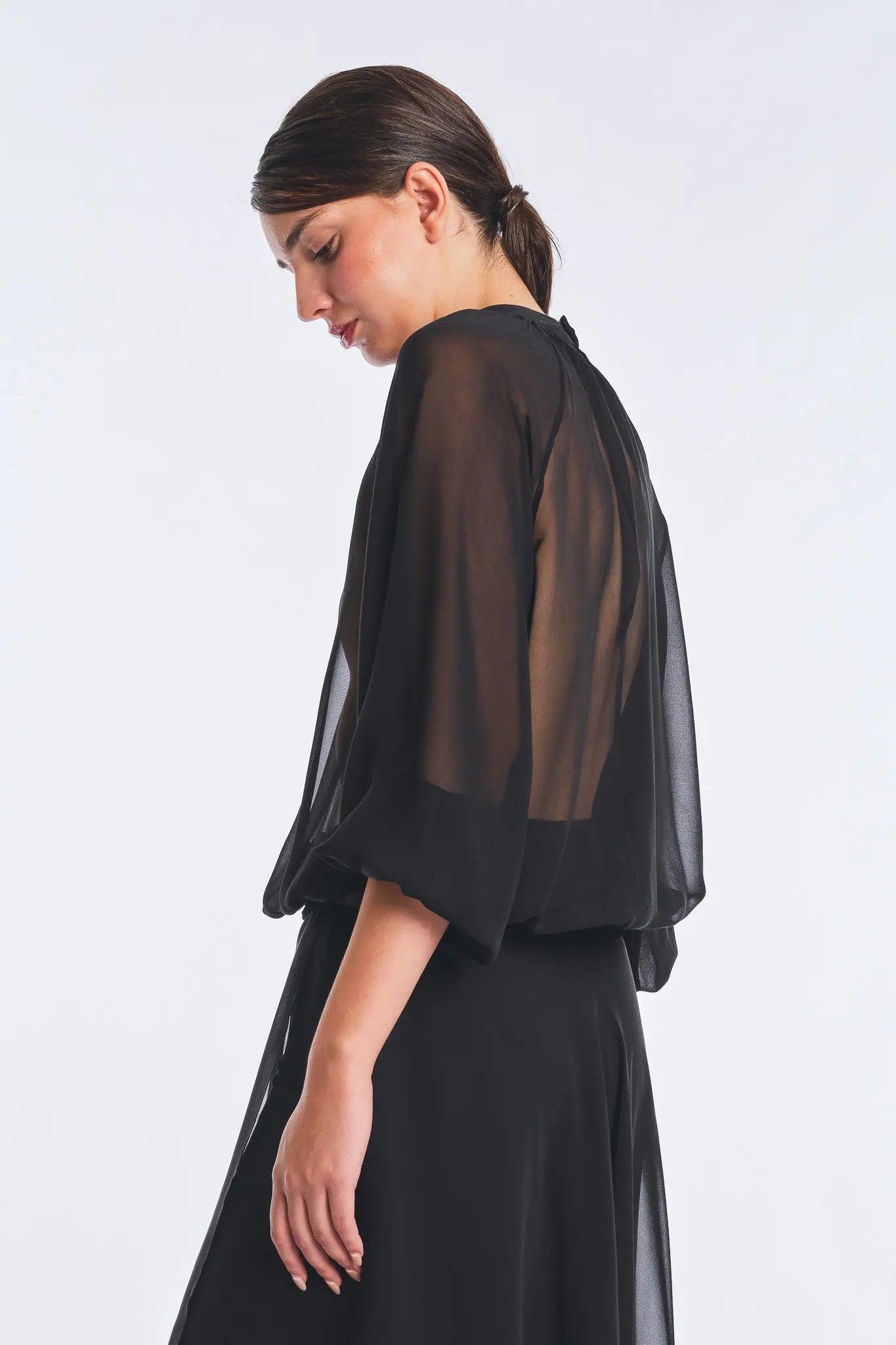 Monica Sheer Silk Blouse with High Neck | Black