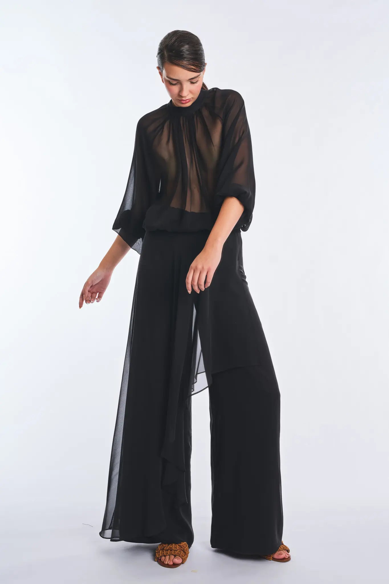 Monica Sheer Silk Blouse with High Neck | Black