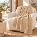 Hand-Finished Undyed Baby Alpaca & Peruvian Pima Cotton Cable Knit Throw Blanket | Light Tan | Muru Collection