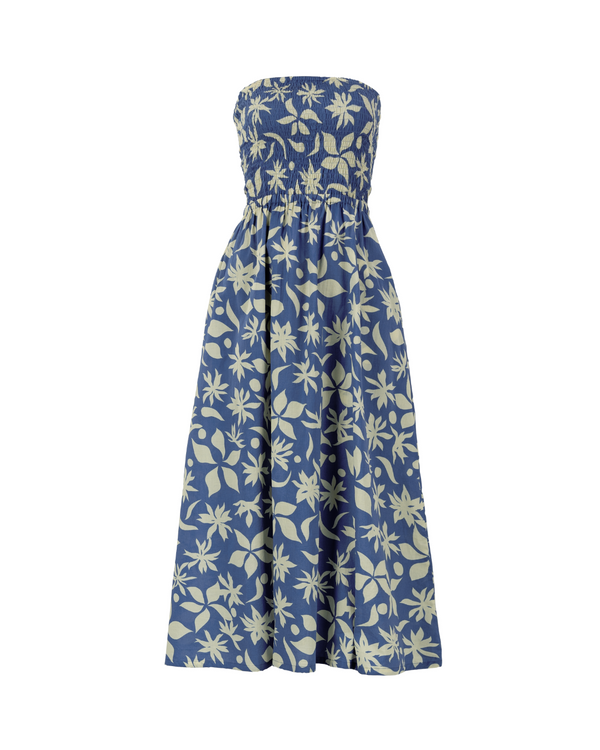 Shirred Tube Top Midi Dress in Blue Floral - Paz Lifestyle 