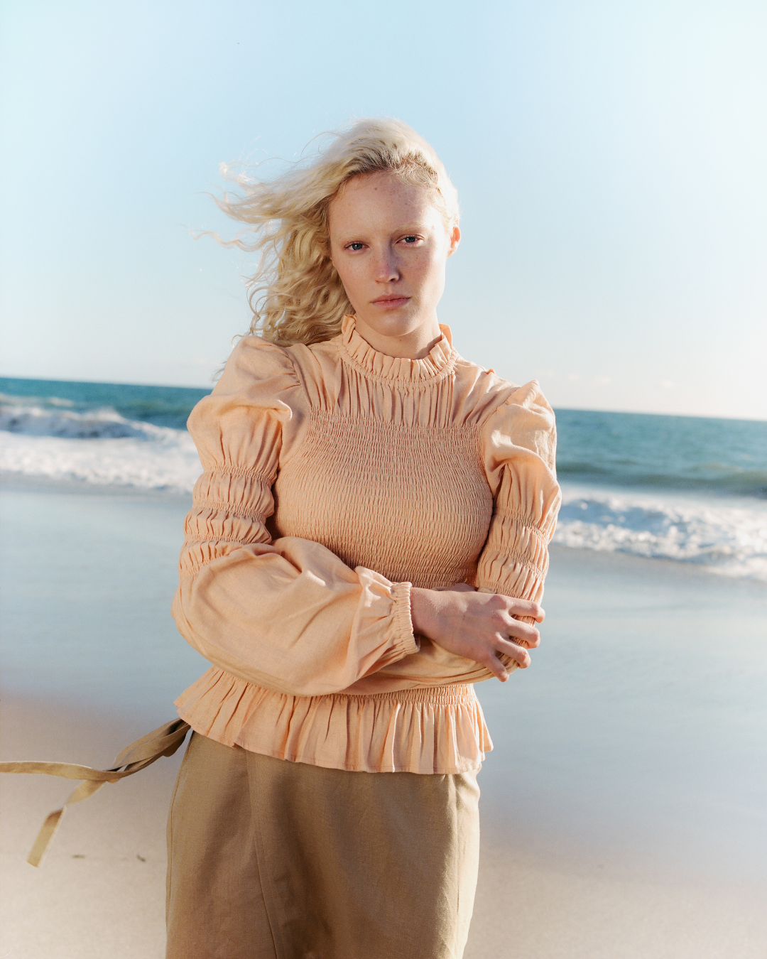 Rohnea Linen Shirring Turtleneck in Sherbert Orange - Paz Lifestyle 