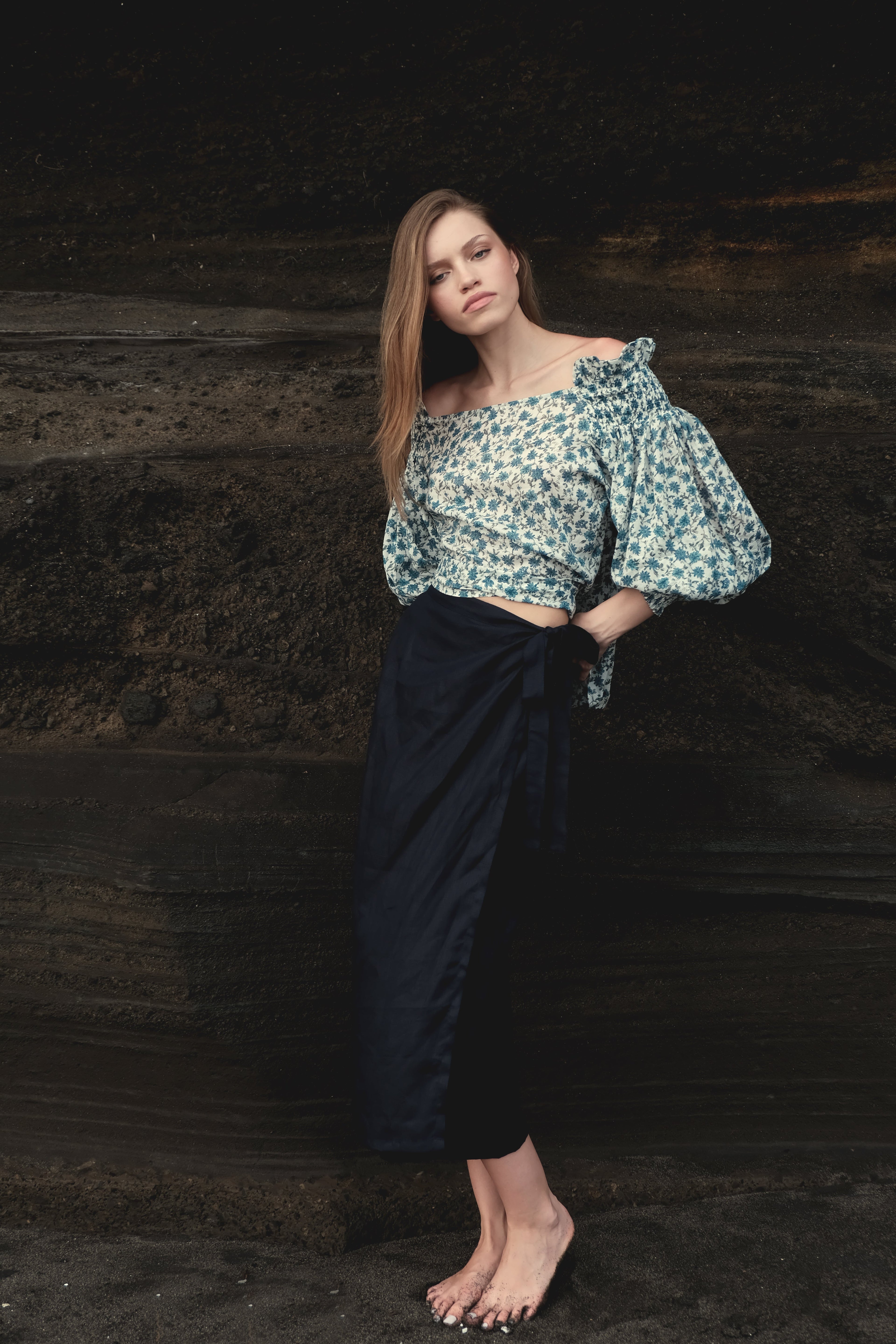 Off-The-Shoulder Top in Blue Floral Cotton Gauze - Paz Lifestyle 