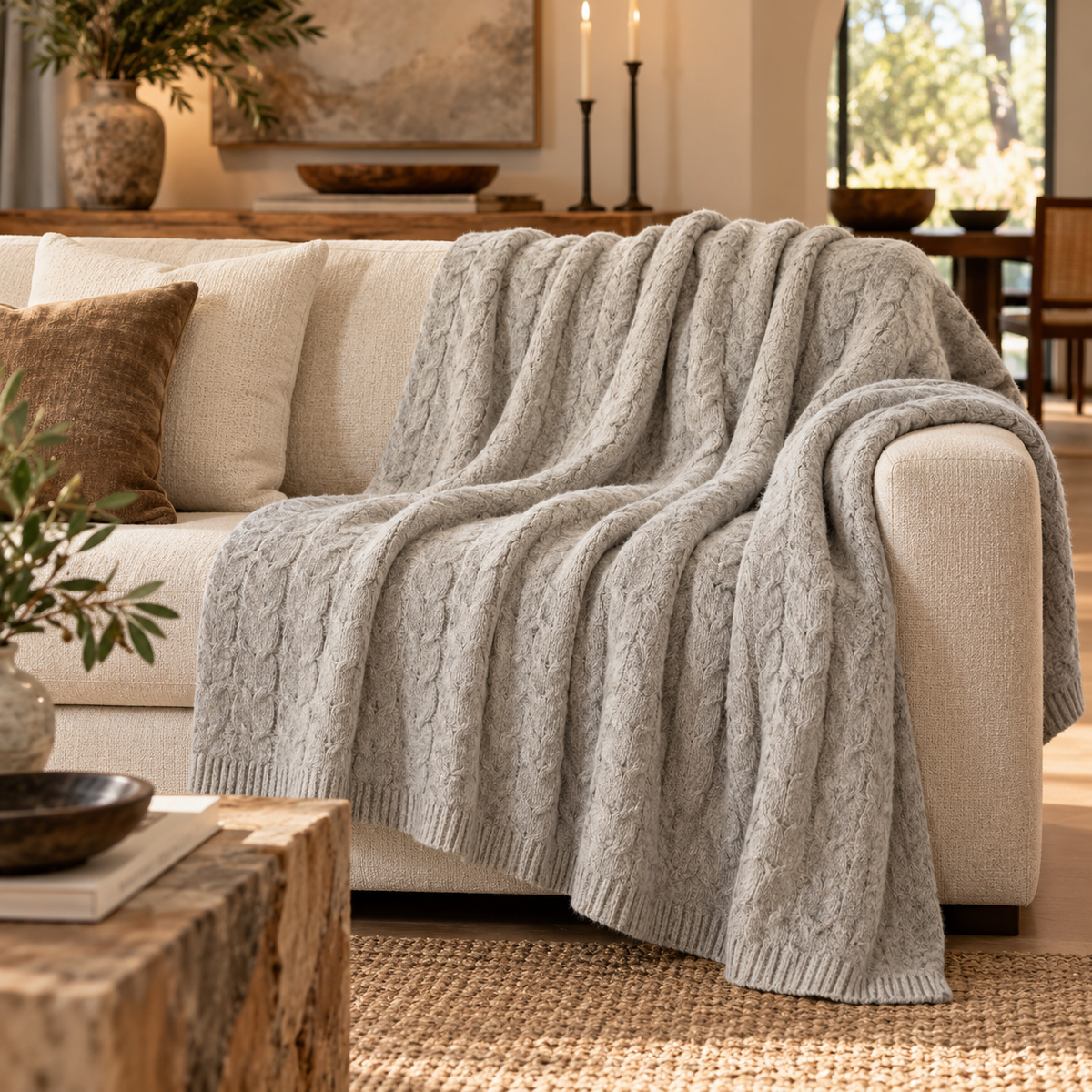 Hand-Finished Undyed Baby Alpaca & Peruvian Pima Cotton Cable Knit Throw Blanket | Silver Gray | Muru Collection