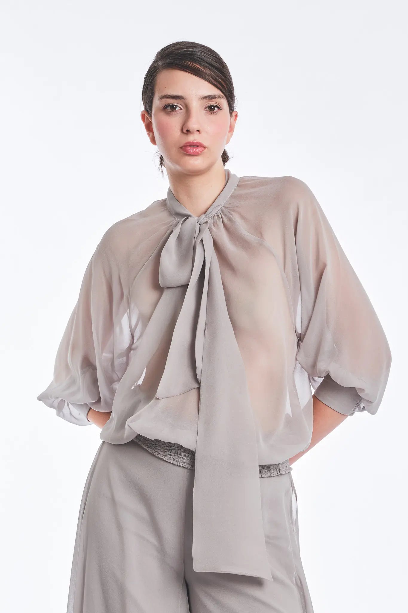 Tiziana Silk Tie-Neck Blouse | Silver