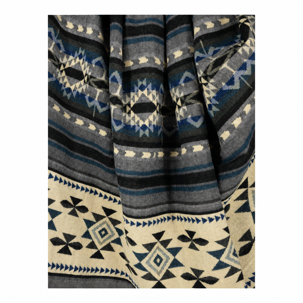 Reversible Handwoven Alpaca Throw Blanket | Geometric Blue, Gray & Cream | Yachana Collection