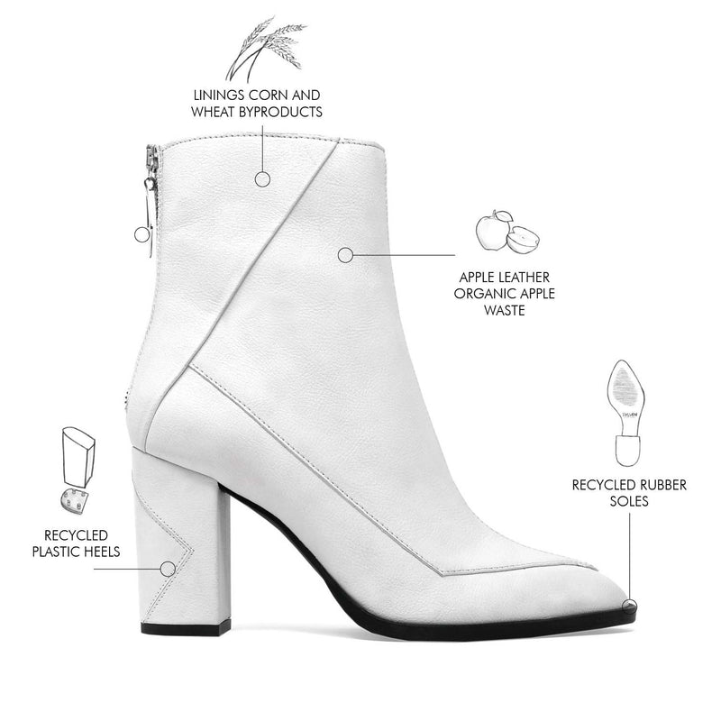 Sylven Almasi white vegan apple leather boots - artboard showcasing features