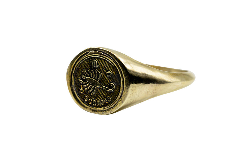 Vintage Brass Astrology Ring. Can be changed to Gold. This golden ring has Zodiac Scorpio. Handmade in a jewelry store in Brooklyn NYC