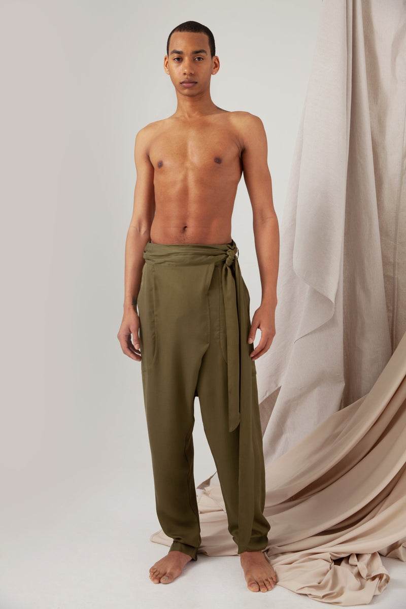 Lâcher Prise Green gender neutral harem pants-Men without Shirt-Front Pose