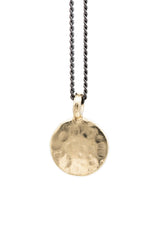 Vintage Simple Hammered Circle Charm Necklace made of gold plated solid brass giving it a beautiful golden look. The pendant charm is on an oxidized brass chain. Hand made by jewelers in Brooklyn New York