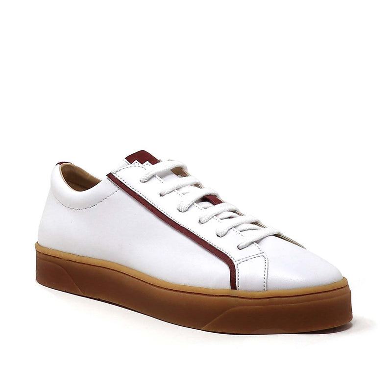 Sylven White/Scarlet vegan apple leather sneakers - one shoe side shot