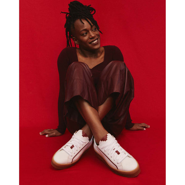 Sylven White/Scarlet vegan apple leather sneakers - worn by chef chrissy