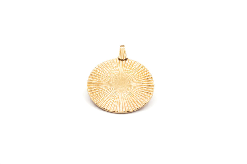Vintage inspired simple Sunburst circle charm Necklace in recycled 14k Gold plated Brass with either a 14k Gold filled or Gold Plated Chain. Custom Handmade by jewelers in Brooklyn, NY.