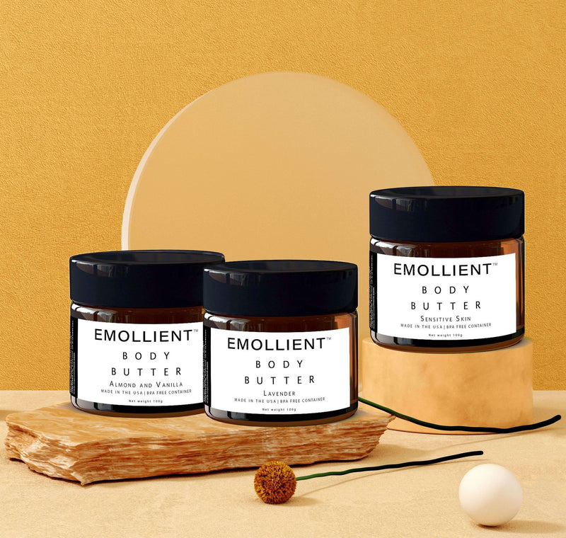 Enjoy a special collection of Emollient Butters for the Beauty Enthusiasts.  Set contains: 1 Almond and Vanilla 100g, 1 Lavender 100g, and 1 Sensitive Skin Butters 100g.  A $60 Value.  Nourish your skin with Antioxidants, Vitamins A,C & E. Omega 3 & 6.  A little goes a long way, product will last for a least one month  Locks moisture in for 72 Hours  Natural UV Protection   Body and Hair  Clean, Cruelty Free, Gluten Free, Toxin Free, Environmentally Friendly